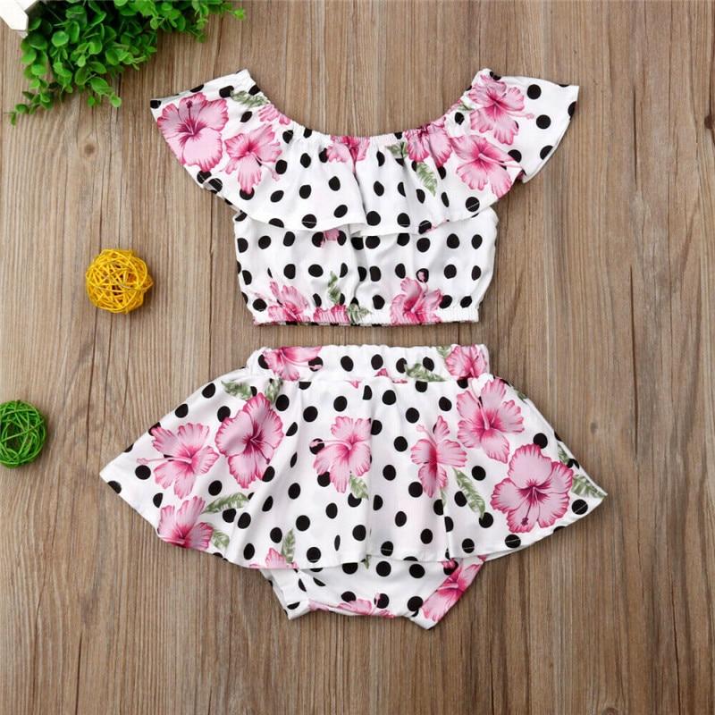 FLOWER PRINT POLKA DOT CROP TOP WITH RUFFLED SKIRT