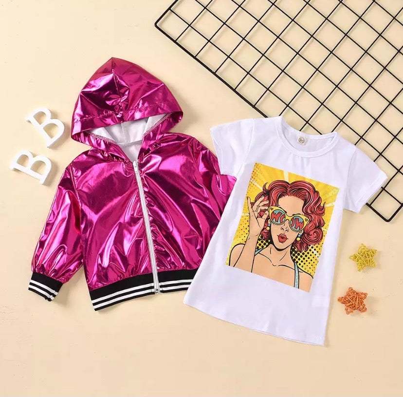 Cartoon print T-Shirt Dress + Pink Jacket