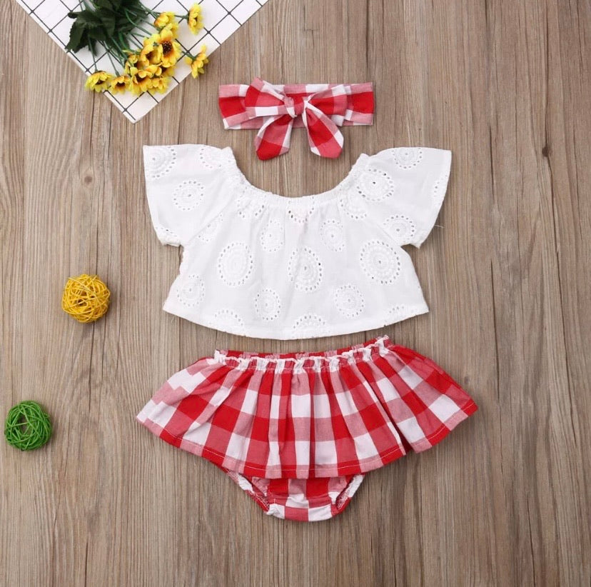 Off Shoulder Top + Plaid Skirt+ Headband 3pcs Set